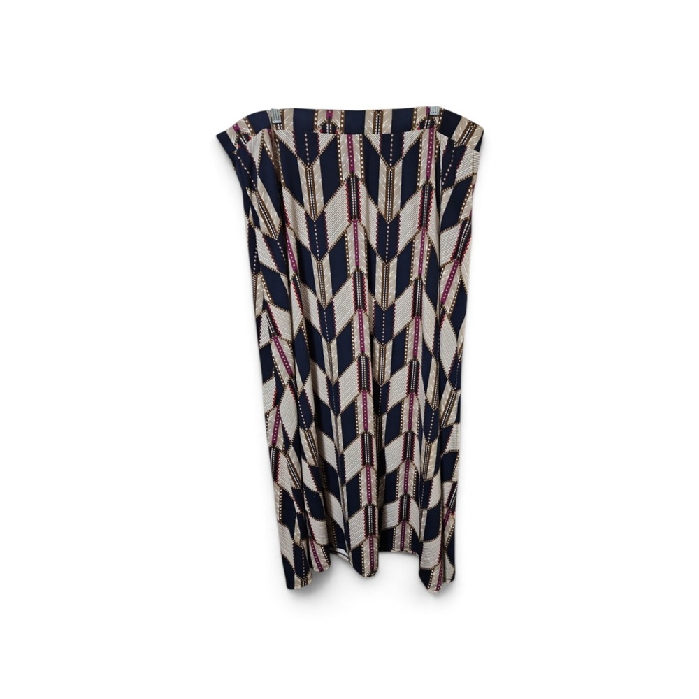Navy Blue Chevron Geometric Print Midi Skirt Elastic Waist A-Line Skirt  0539